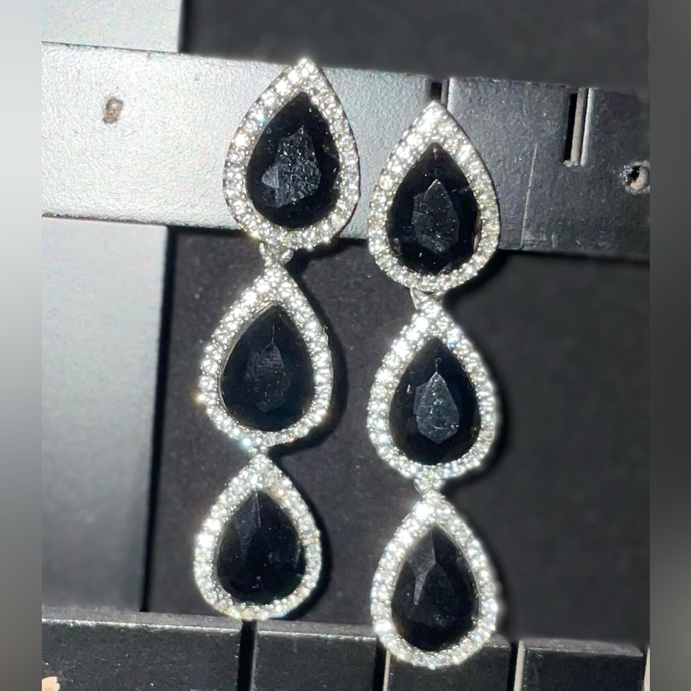 Evening Crystal and black gem 3” earrings, worn once to a company gala